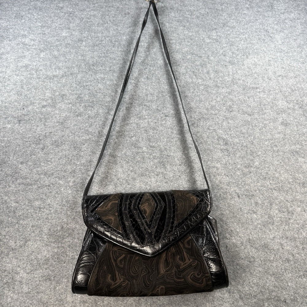 Vintage Sharif Crossbody Purse Bag Patchwork Brown Black Snakeskin Embossed USA